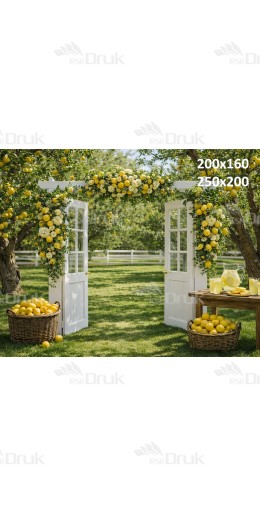 Tło fotograficzne „Letni ogród z cytrynami i białymi drzwiami” | 3970